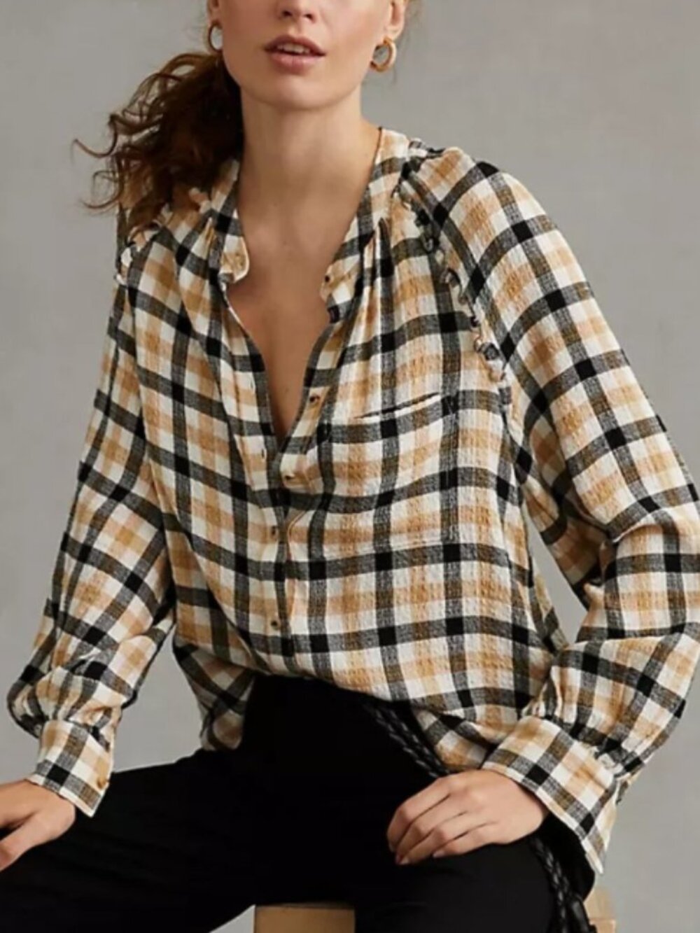 Anthropologie‎ Pilcro Breezy Button Down Plaid Shirt L Petite